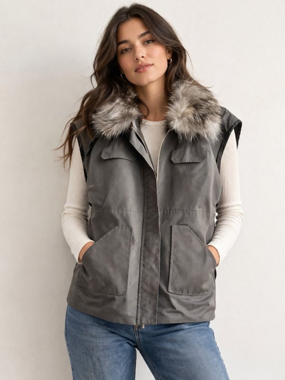 Caron Callahan SAMPLE Grey Cotton Blend Best with Real Fur Collar M